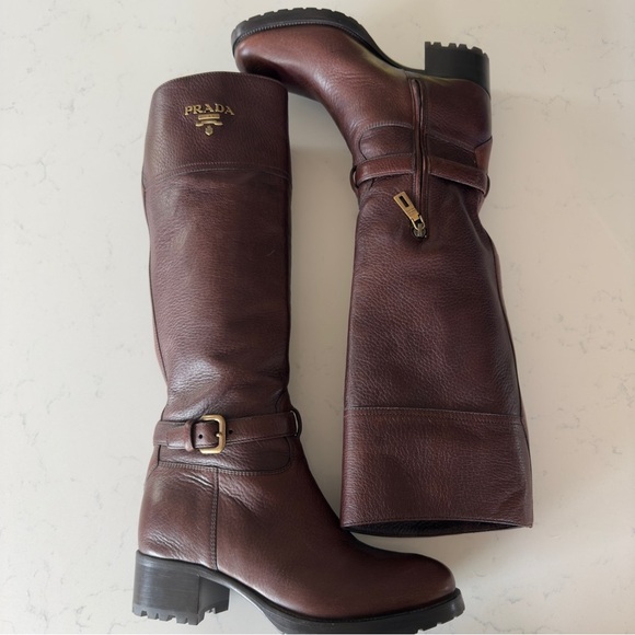 Prada Tall Logo Riding Boots in brown Size: 37 1/2 EU/ 7.5 US - Picture 1 of 11